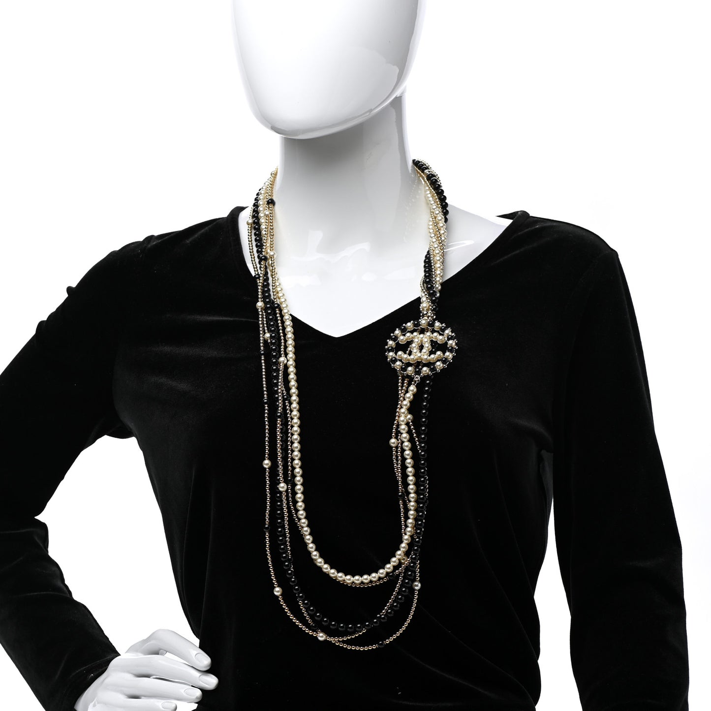 Pearl Resin Beaded CC Long Necklace Black Gold