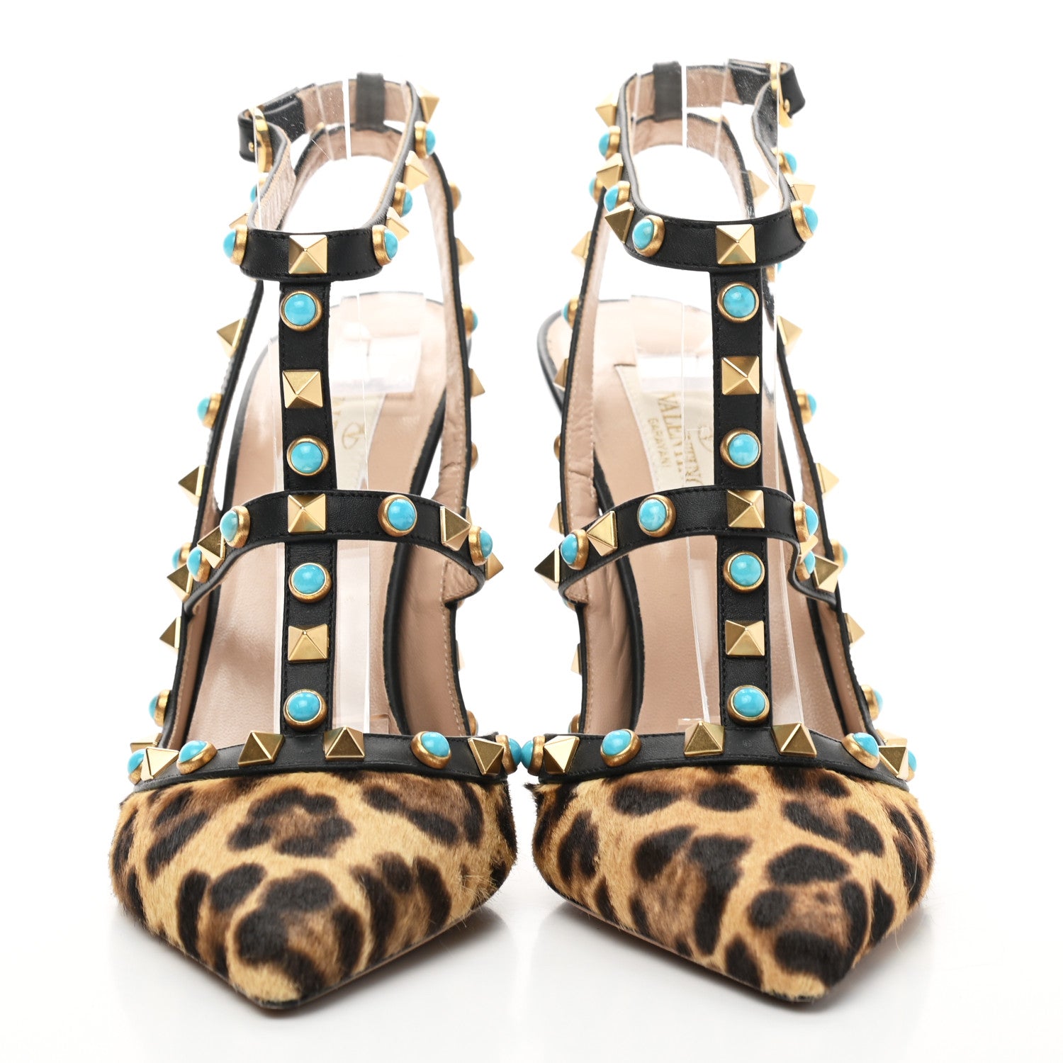 Valentino Garavani Calf Hair Leopard Print Rockstud Rolling Ankle Strap Pumps 37.5 Champagne Testa di Moro 2 of 8
