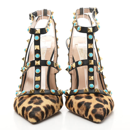 Valentino Garavani Calf Hair Leopard Print Rockstud Rolling Ankle Strap Pumps 37.5 Champagne Testa di Moro 2 of 8