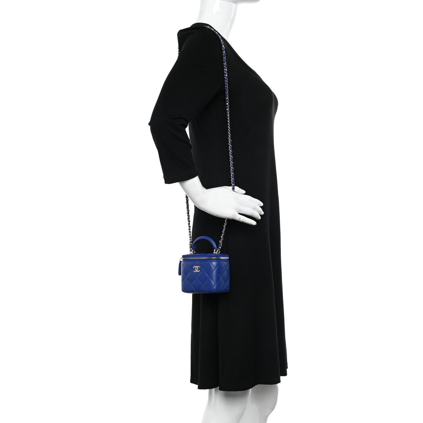 Lambskin Quilted Top Handle Mini Vanity Case With Chain Blue