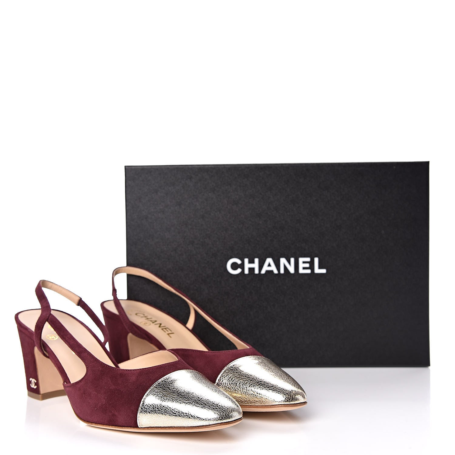 Chanel Kid Suede Metallic Lambskin Cap Toe CC Slingback Pumps 41.5 Burgundy Gold 9 of 9