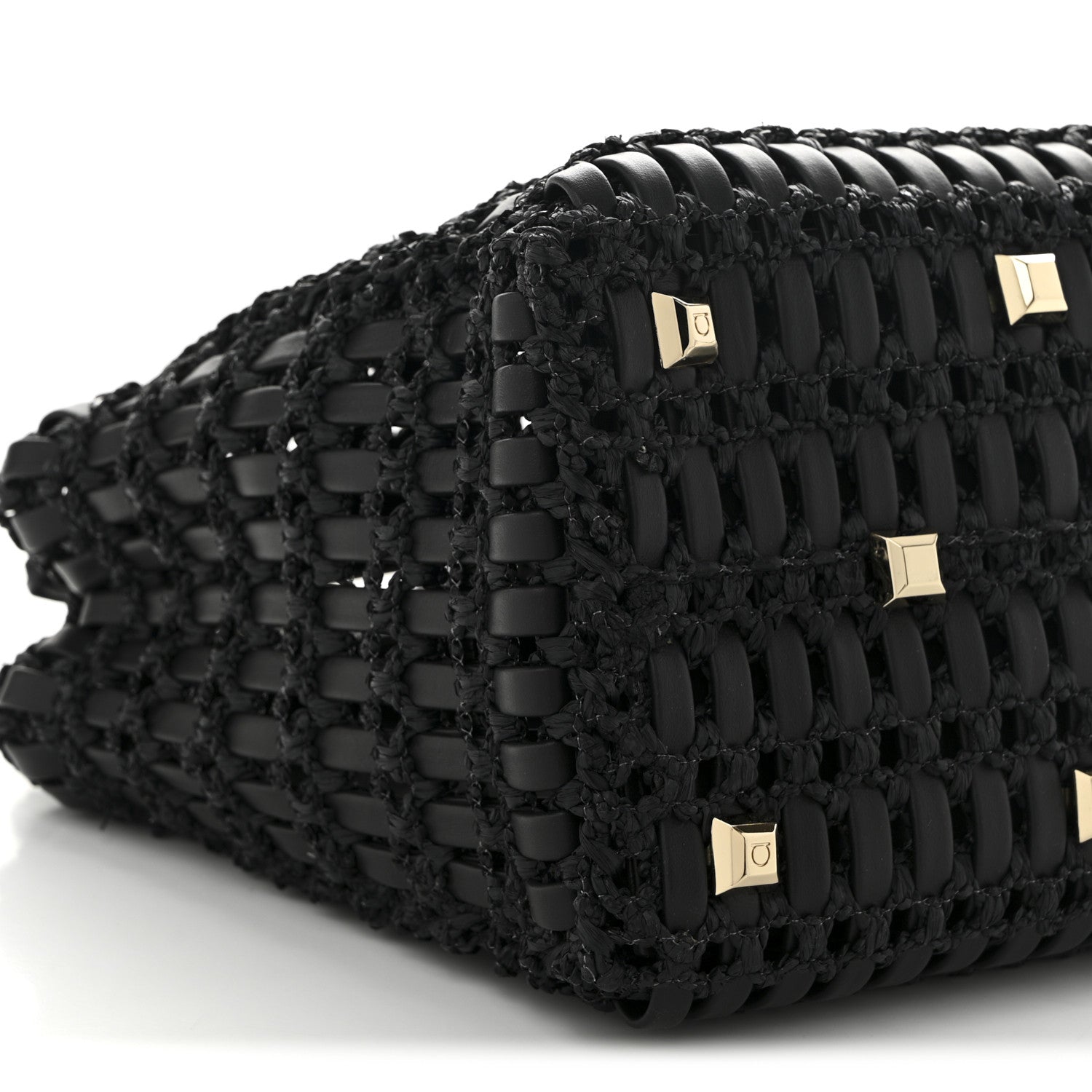 Salvatore Ferragamo Raffia Calfskin The Studio Box Tote Black