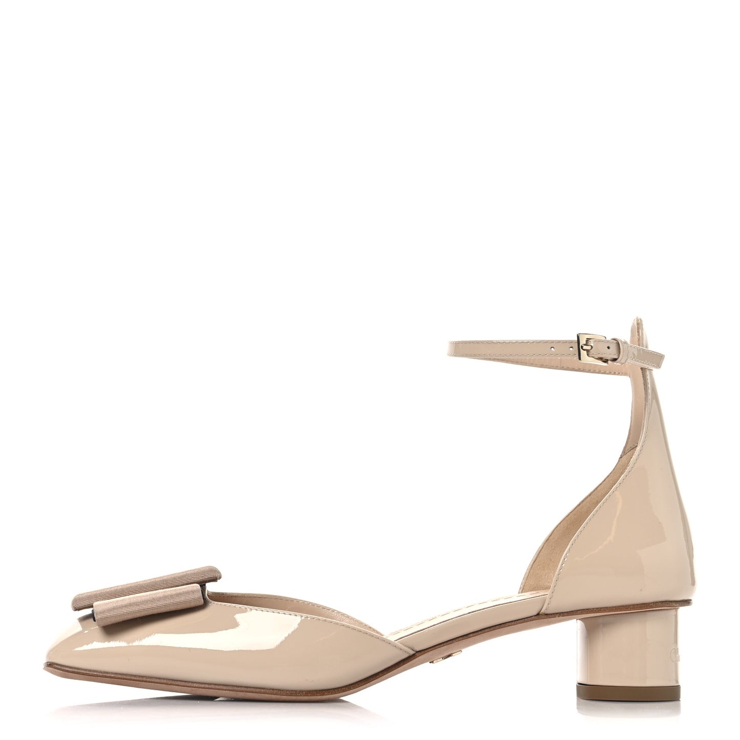 Patent Grosgrain Bow Idylle 35mm Ankle Strap Pumps 38.5 Nude