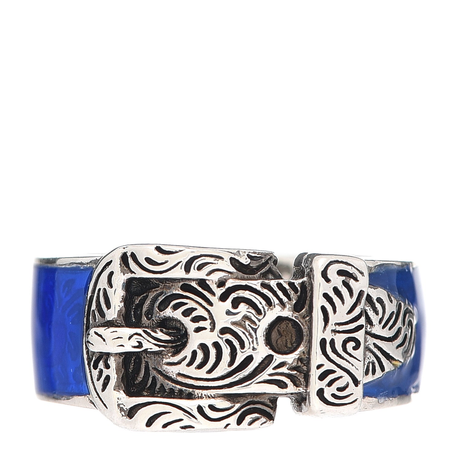 Gucci Sterling Silver Enamel Feline Head Buckle Ring Blue 55 7.25 1 of 4