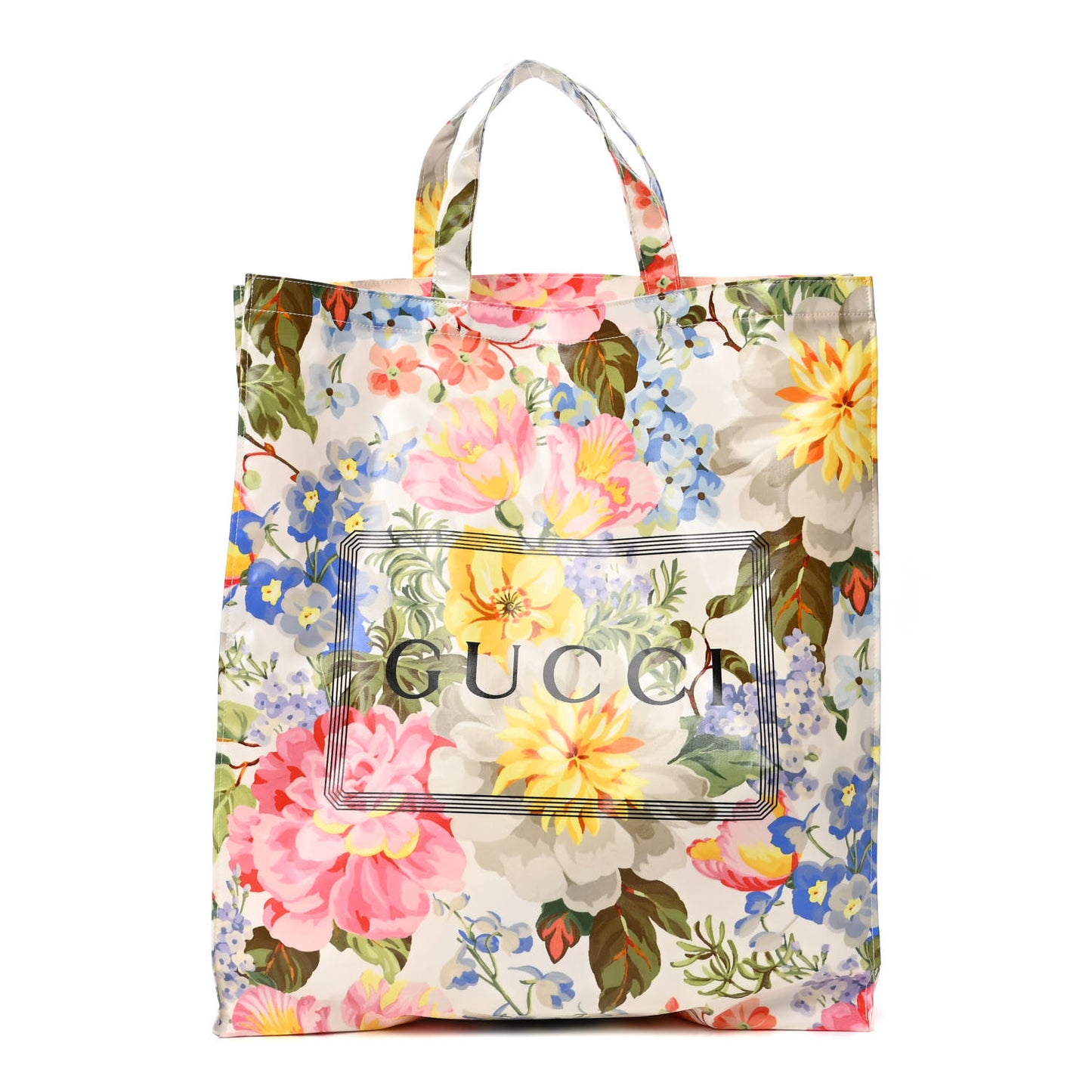 Patent Canvas Frame Logo Floral Print Vertical Tote Multicolor
