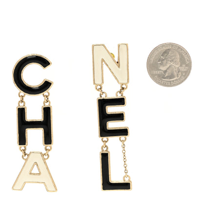 Chanel Metal Enamel Cha-Nel Logo Drop Earrings Black White 2 of 4