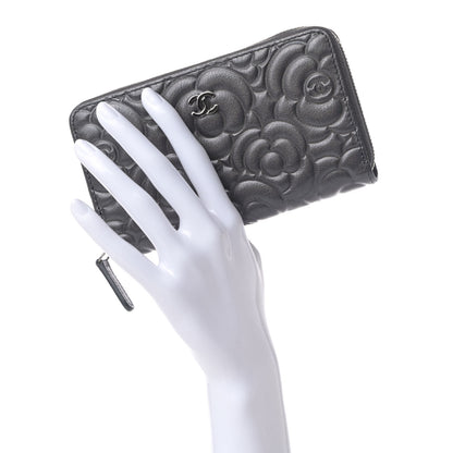Chanel Goatskin Camellia Embossed Medium Zip Around Wallet Dark Grey 2 of 5