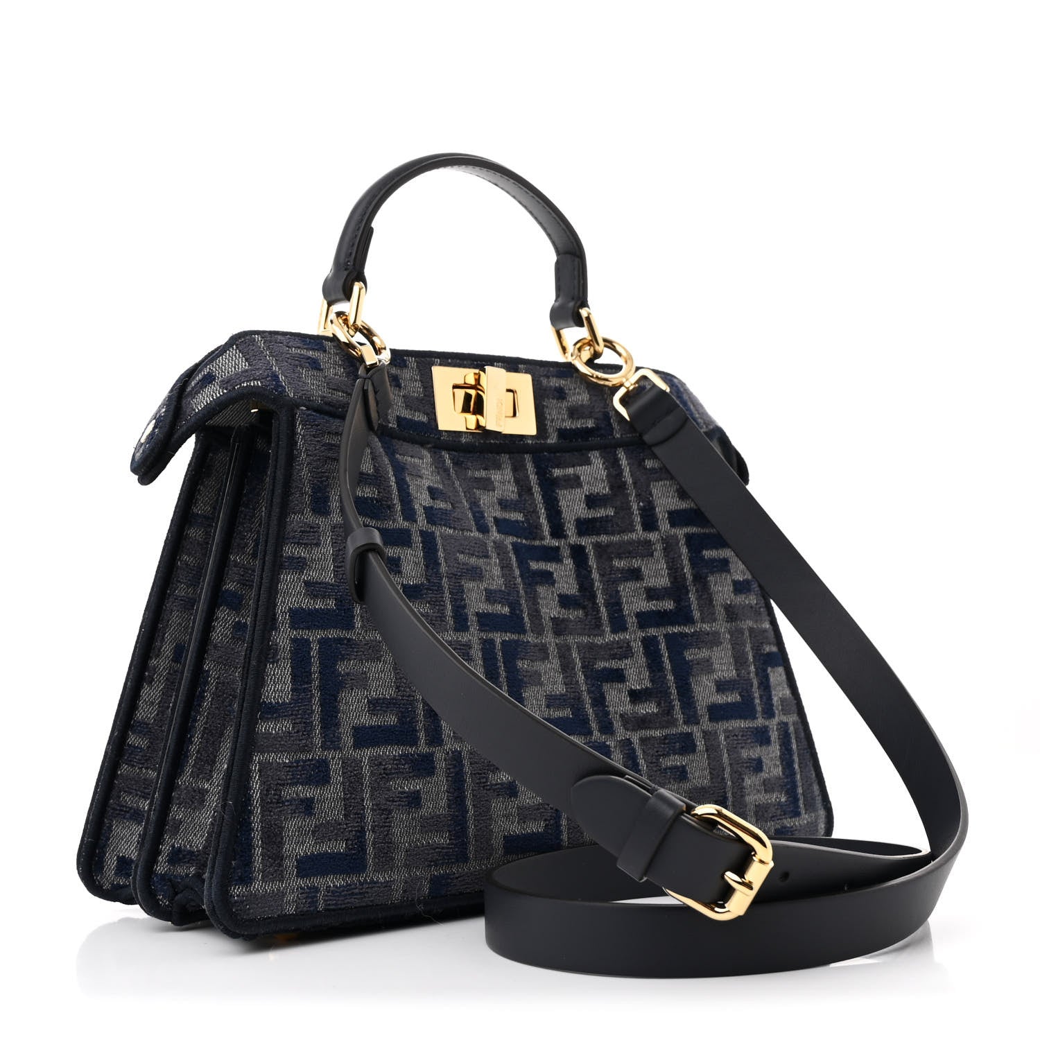 Fendi Chenille Vitello Seta FF Small Peekaboo I SEE U Satchel Grigio Blue Notte 3 of 13