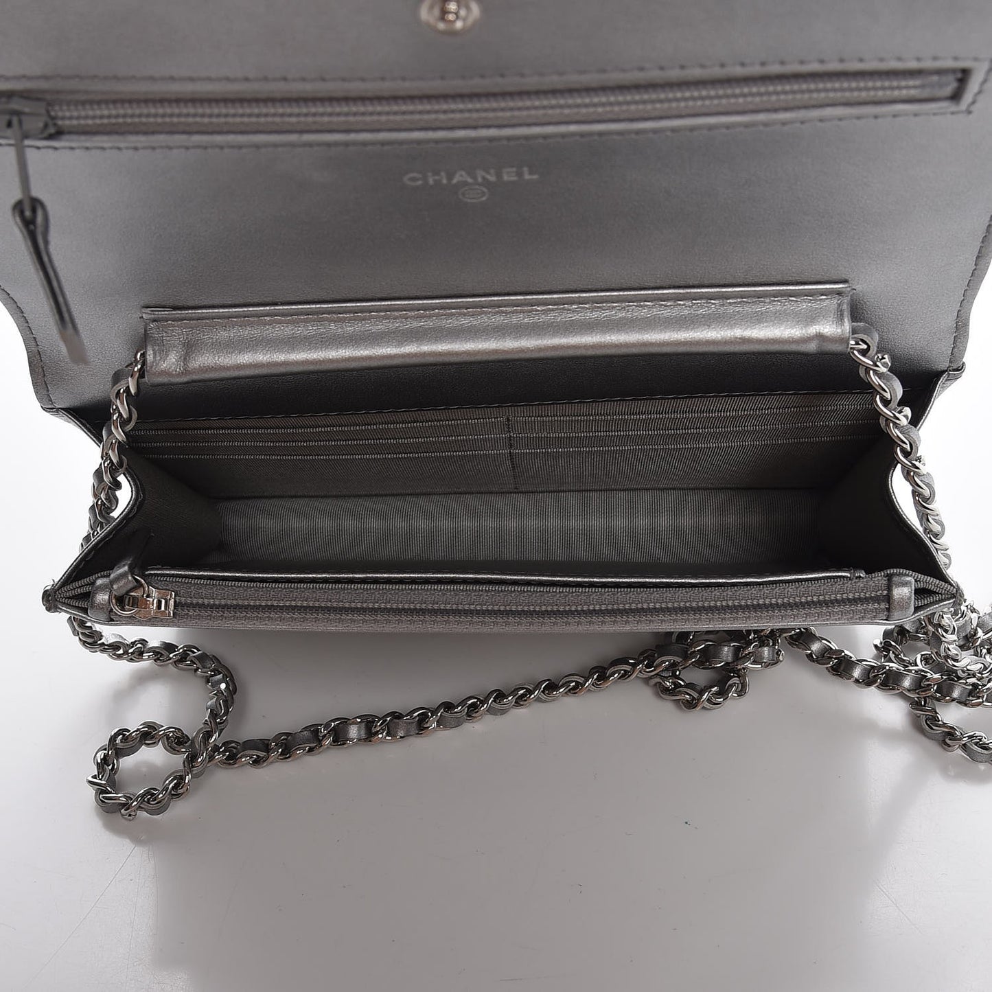 Patent Metallic Crumpled Calfskin Chevron Quilted Wallet On Chain WOC Silver