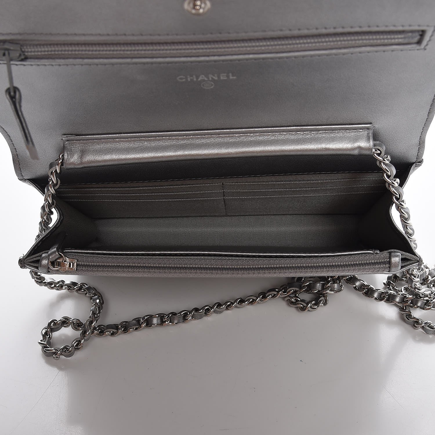 Chanel Patent Metallic Crumpled Calfskin Chevron Quilted Wallet On Chain WOC Silver 5 of 8