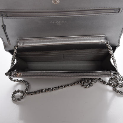 Chanel Patent Metallic Crumpled Calfskin Chevron Quilted Wallet On Chain WOC Silver 5 of 8