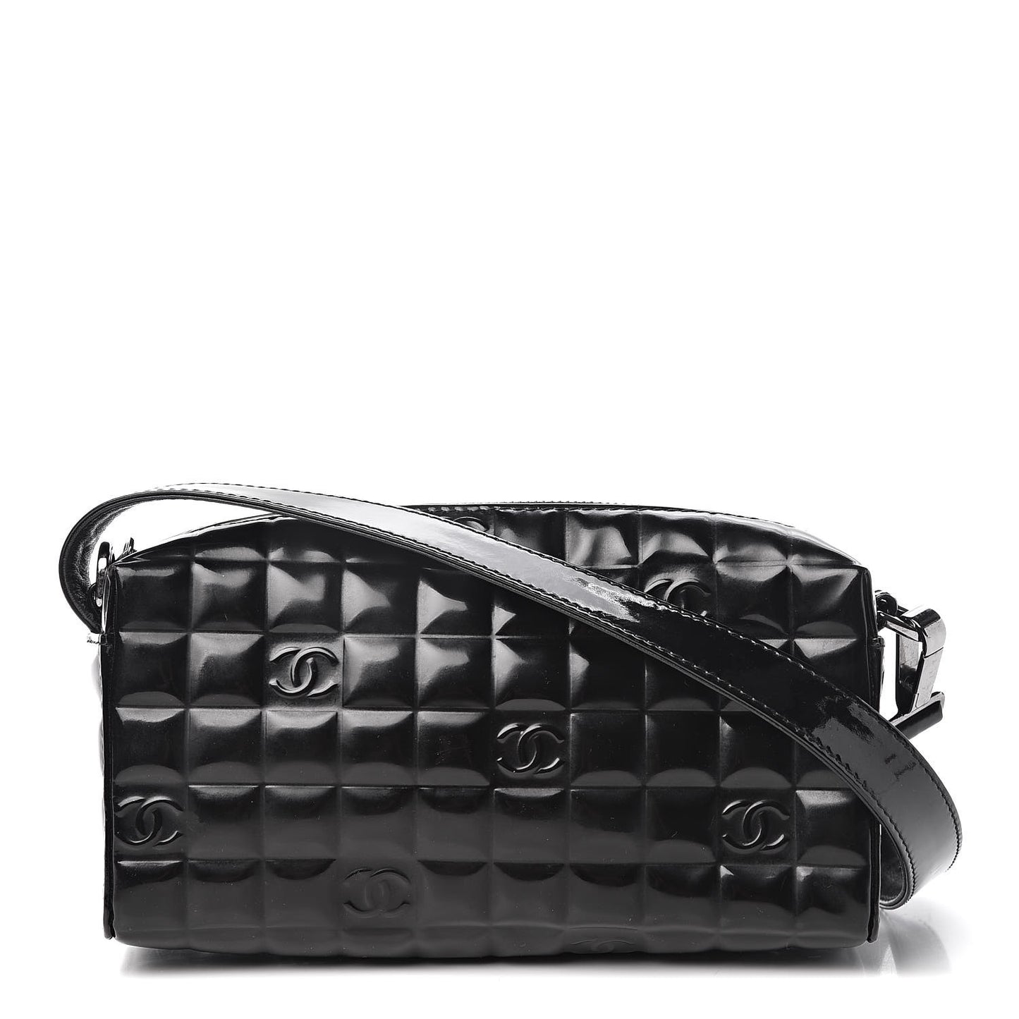 Patent Chocolate Bar Quilted Shoulder Bag Black