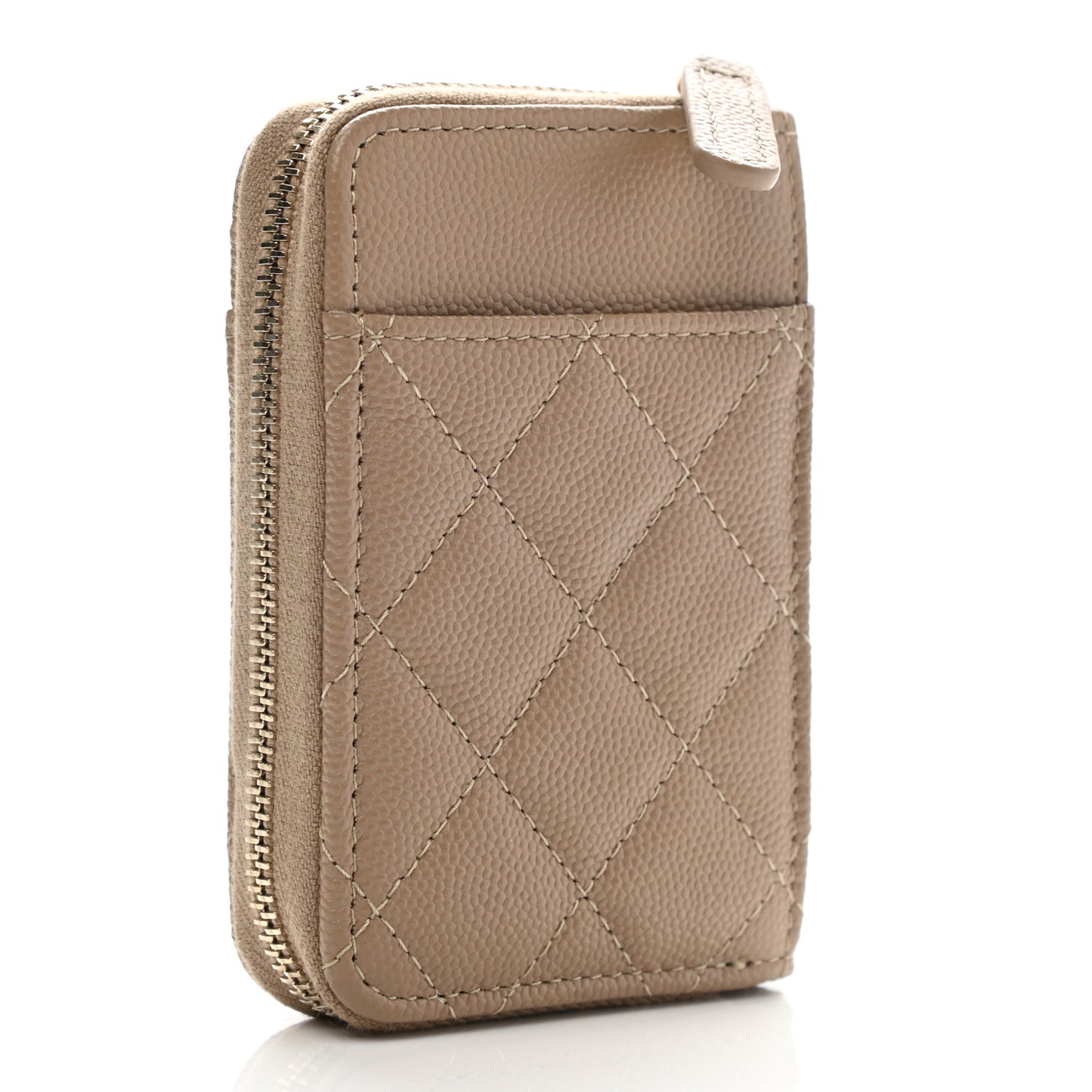 Caviar Quilted Zip Card Holder Beige