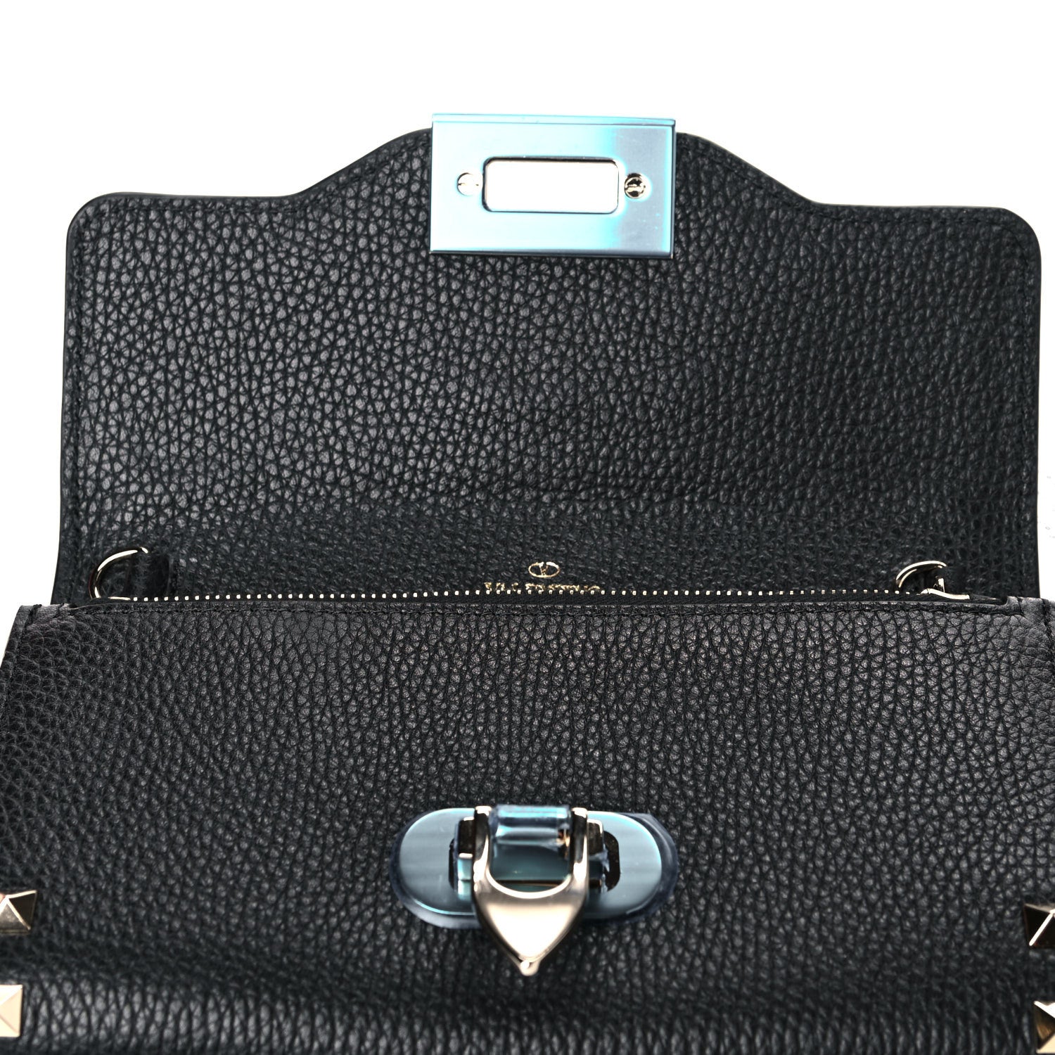 Valentino Garavani Pebbled Calfskin Rockstud Flip Lock Wallet On Chain Black 13 of 15