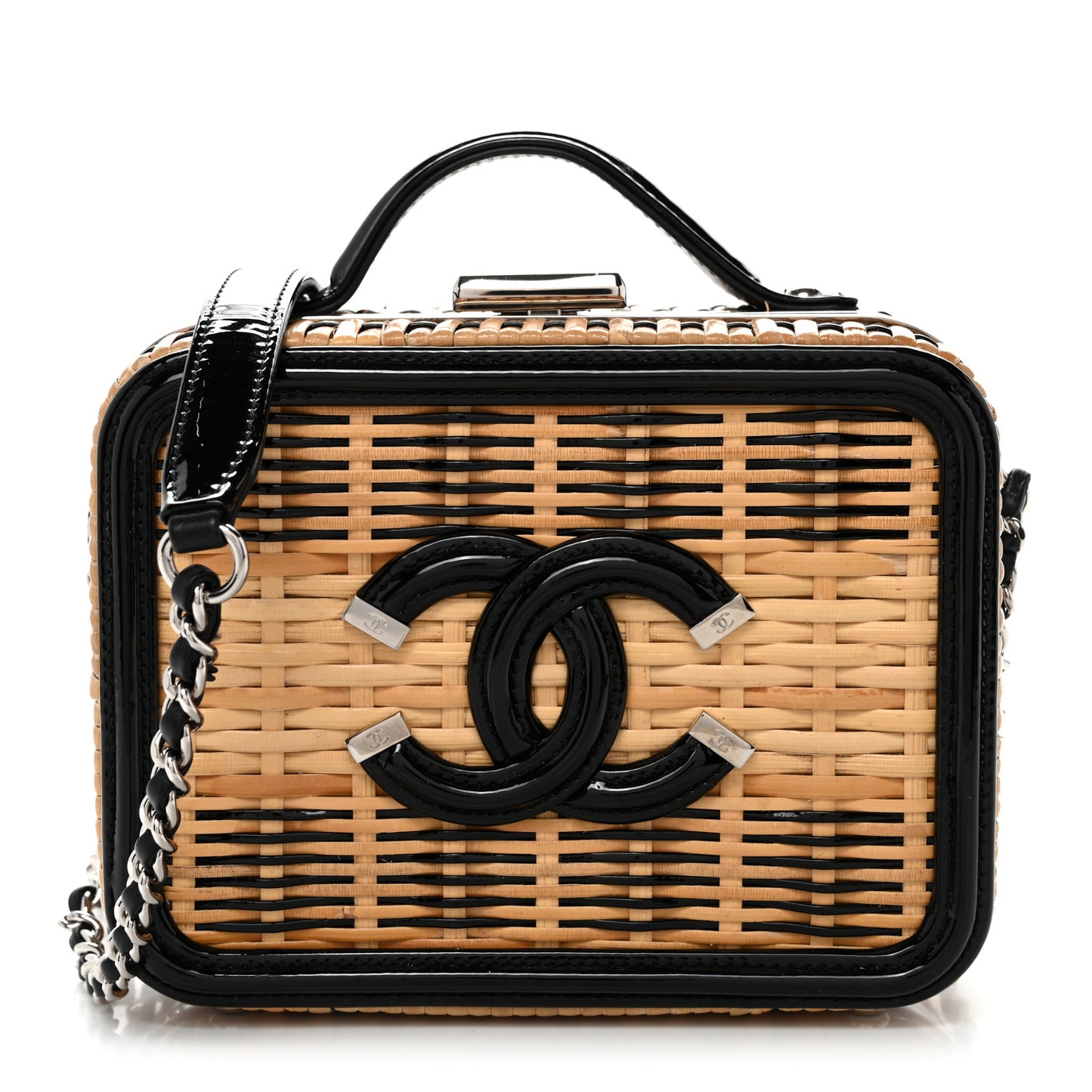 Raffia Patent Small CC Filigree Vanity Case Black