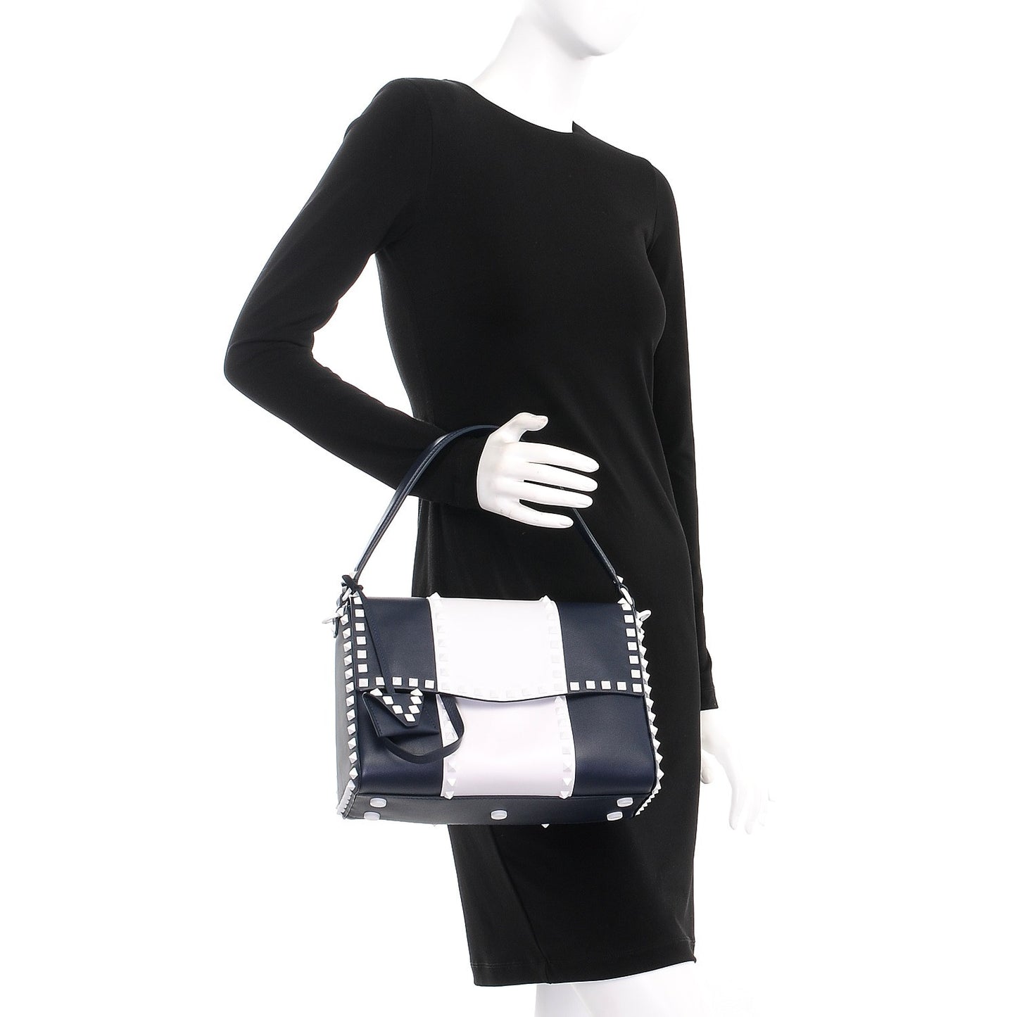Vitello Colorblock Free Rockstud Top Handle Shoulder Bag Marine White