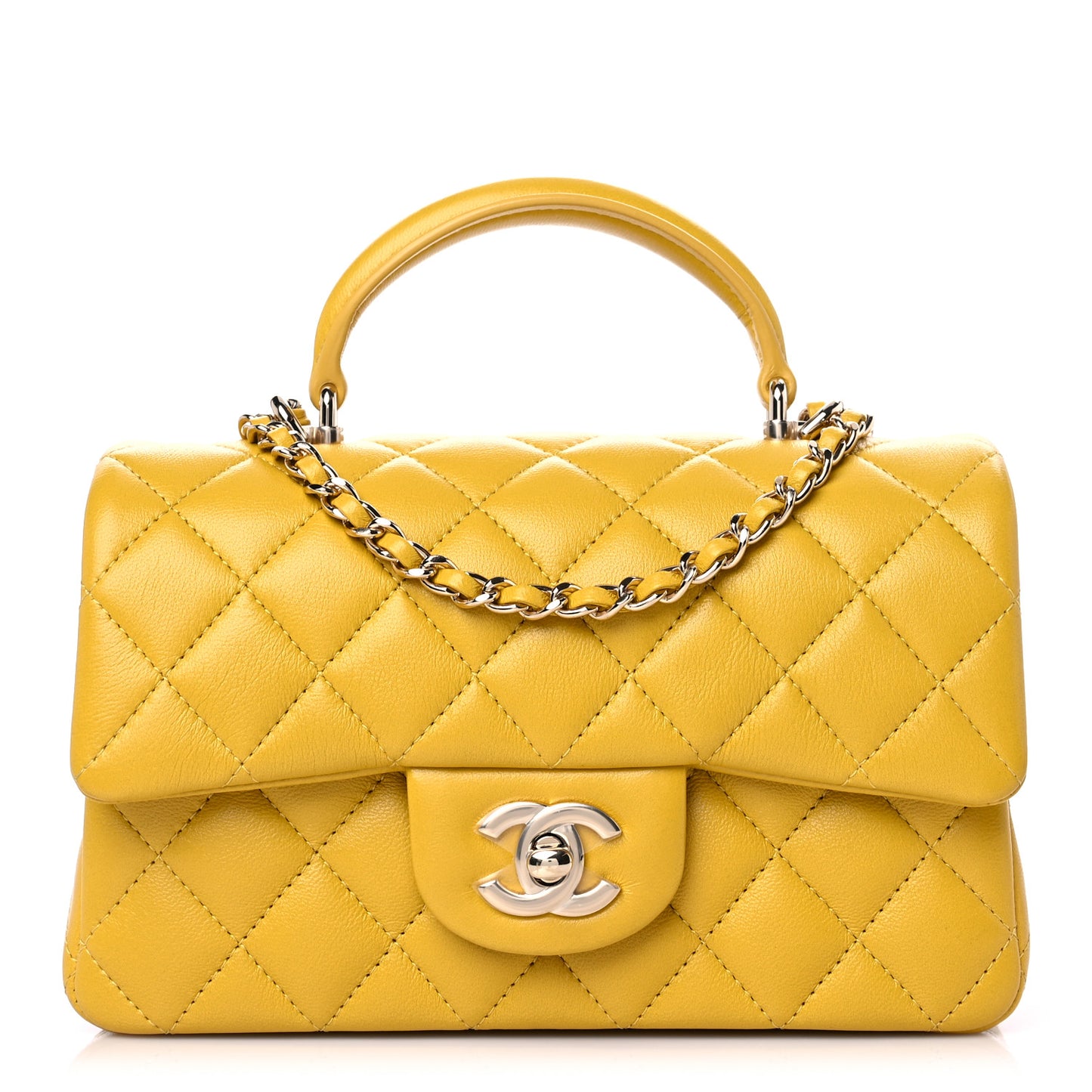 Lambskin Quilted Mini Top Handle Rectangular Flap Yellow