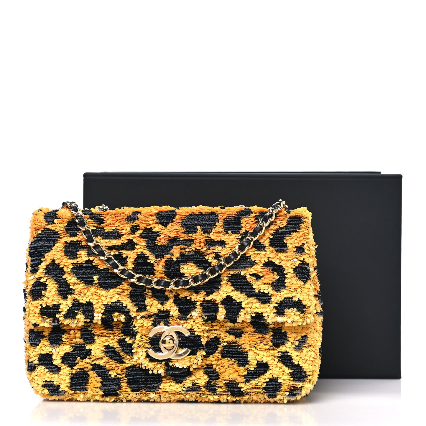 Sequin Mixed Fibers Leopard Print Mini Rectangular Flap Black Orange