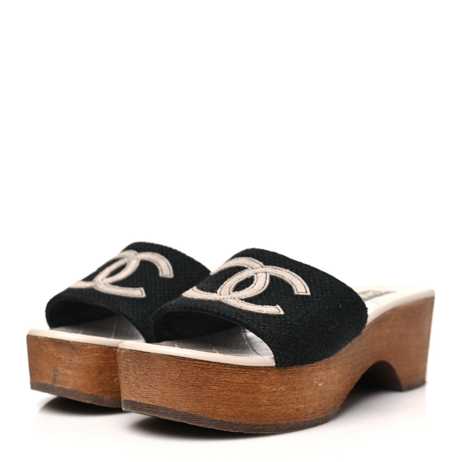 Chanel Fabric Suede Calfskin Wooden CC Clogs  36 Black Light Grey 4 of 9