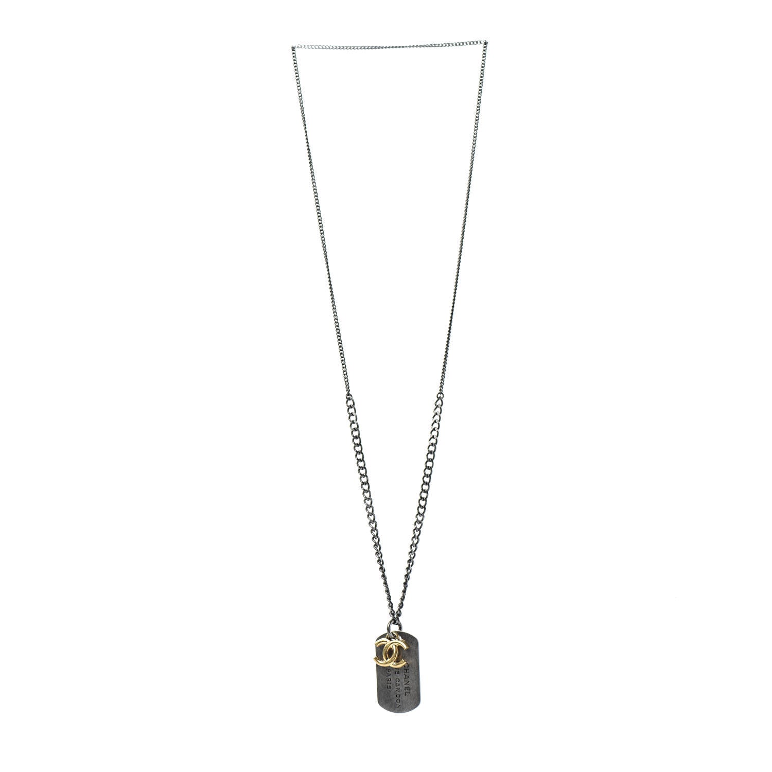 Chanel Ruthenium ID Dog Tag Charm Necklace Silver Gold 3 of 6