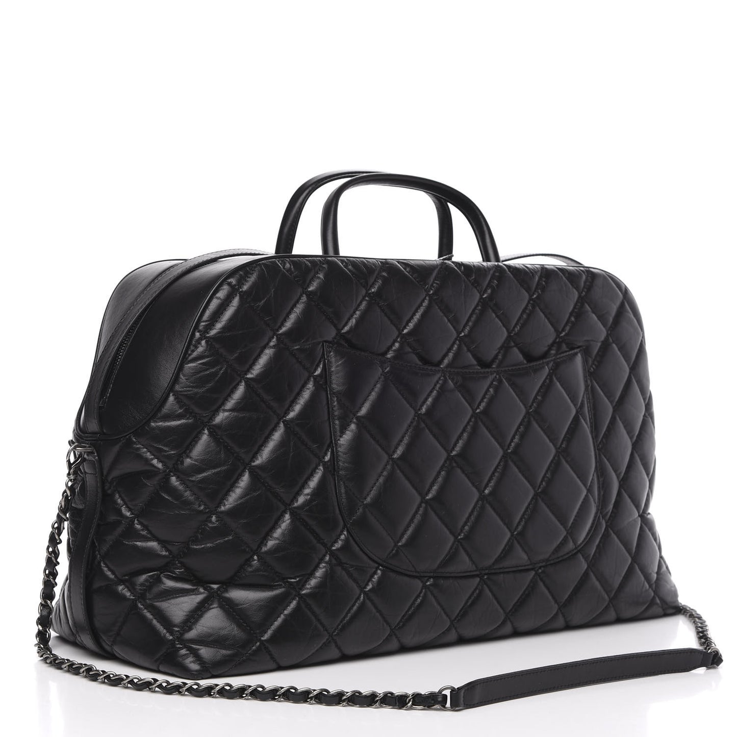Aged Calfskin Quilted Large Bowling Bag Black