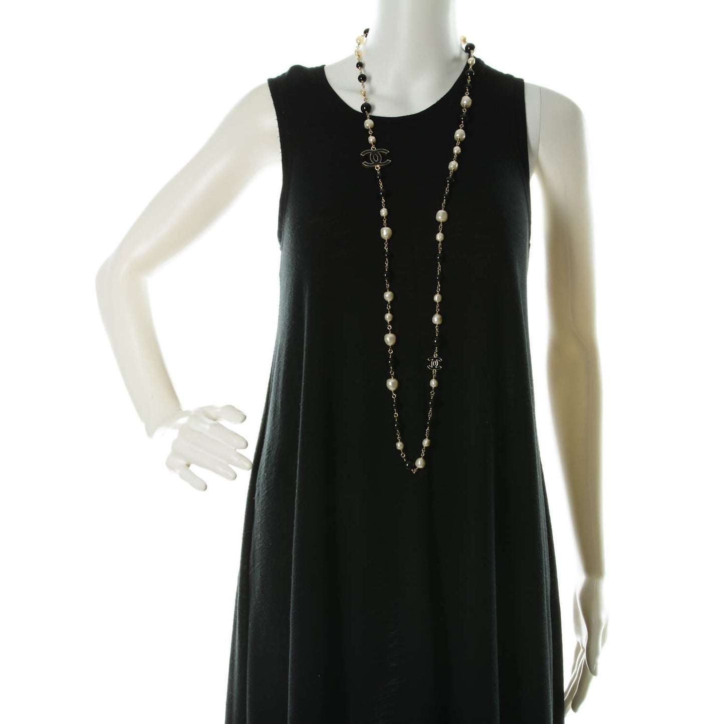 Pearl Bead Enamel CC Long Necklace Black Gold