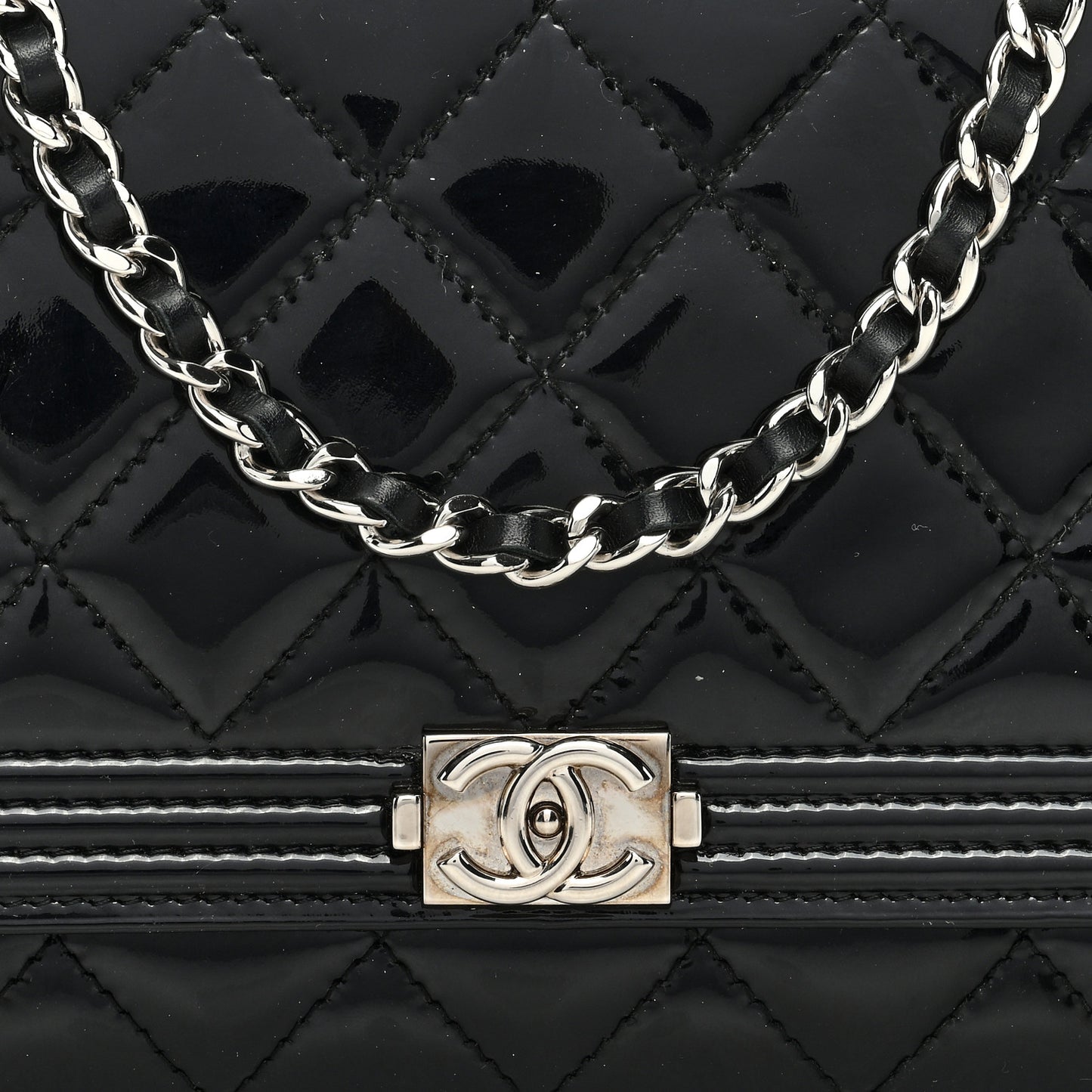 Patent Calfskin Quilted Boy Wallet On Chain WOC Black