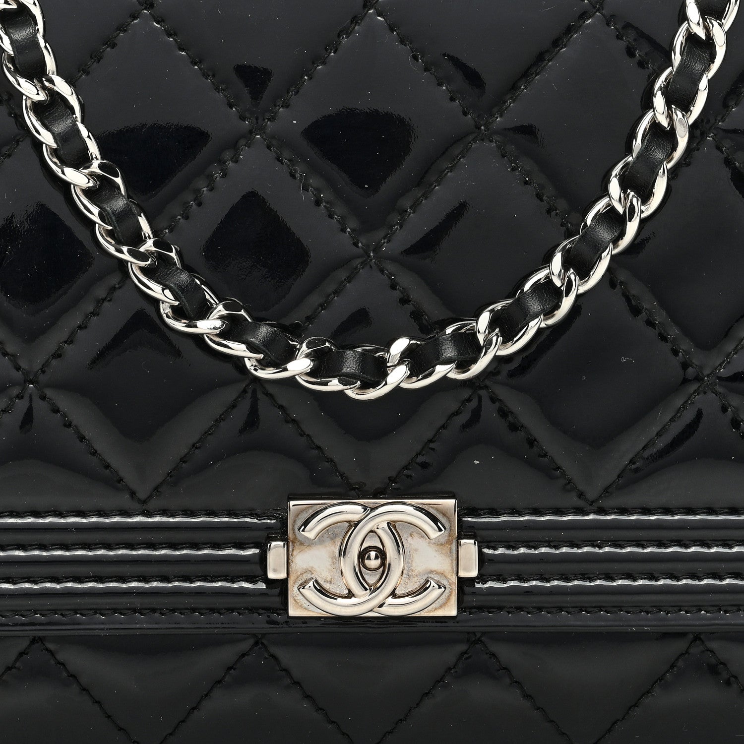 Chanel Patent Calfskin Quilted Boy Wallet On Chain WOC Black 8 of 10