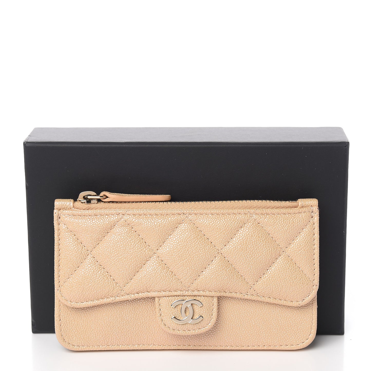 Iridescent Caviar Quilted Flap Zip Card Holder Beige
