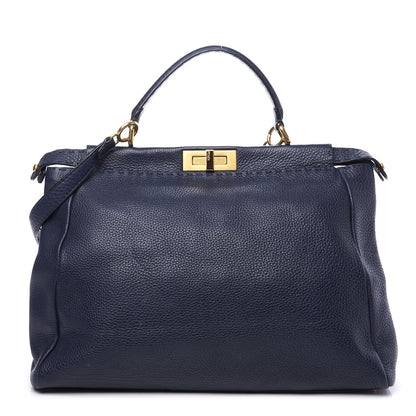 Fendi Cuoio Romano Raffia Selleria Large Peekaboo Iconic Satchel Navy 1 of 9