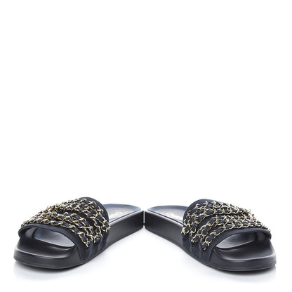 Chanel Satin Chain Slides Sandals Flats 38 Marine 5 of 11
