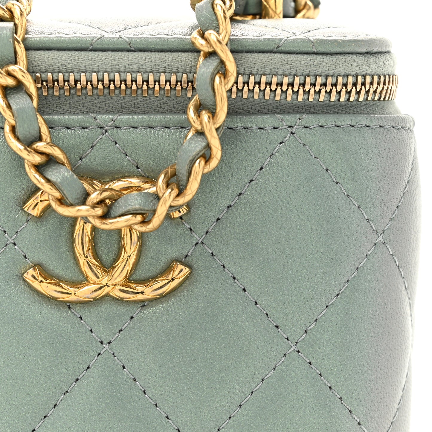 Metallic Lambskin Quilted Dynasty Mini Vanity Case With Chain Grey