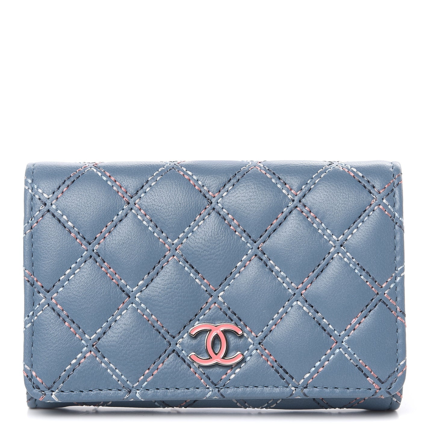 Lambskin Double Stitch Quilted Flap Card Holder Light Blue