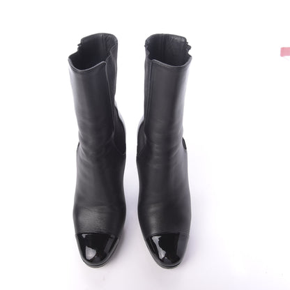 Chanel Lambskin Patent Cap Toe Pearl CC Ankle Boots 38 Black 6 of 13