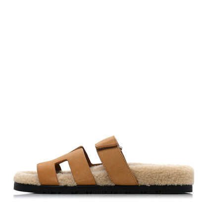Hermes Suede Goatskin Woolskin Womens Chypre Sandals 38 Golden Beige 1 of 4