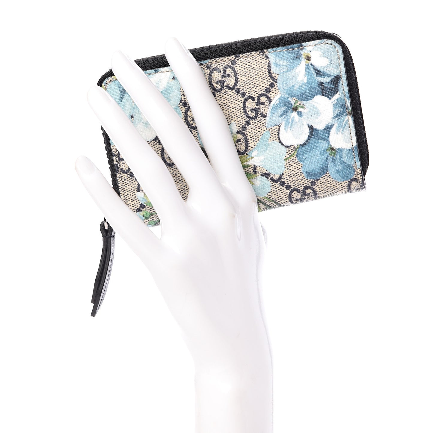 GG Supreme Monogram Blooms Zip Around Card Case Wallet Beige Blue Navy