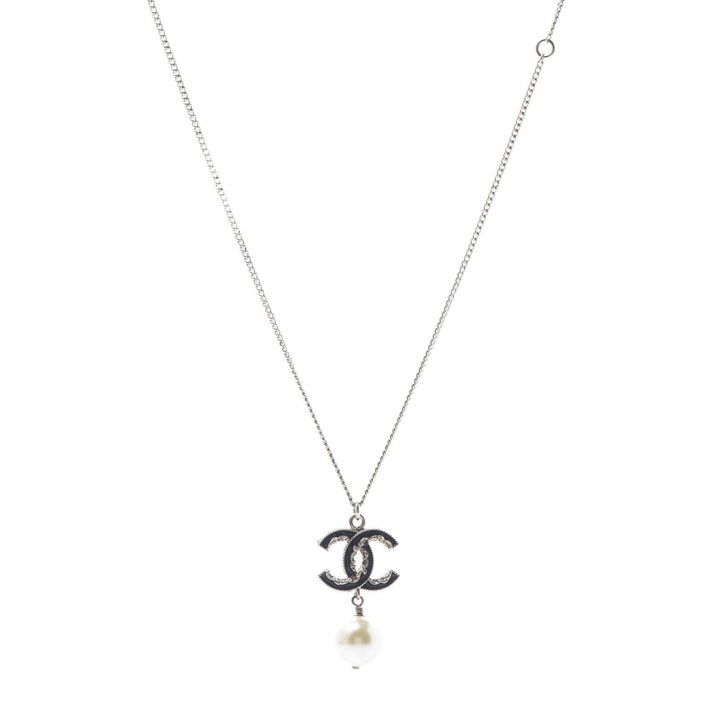 Enamel CC Baroque Pearl Drop Necklace Black Gold