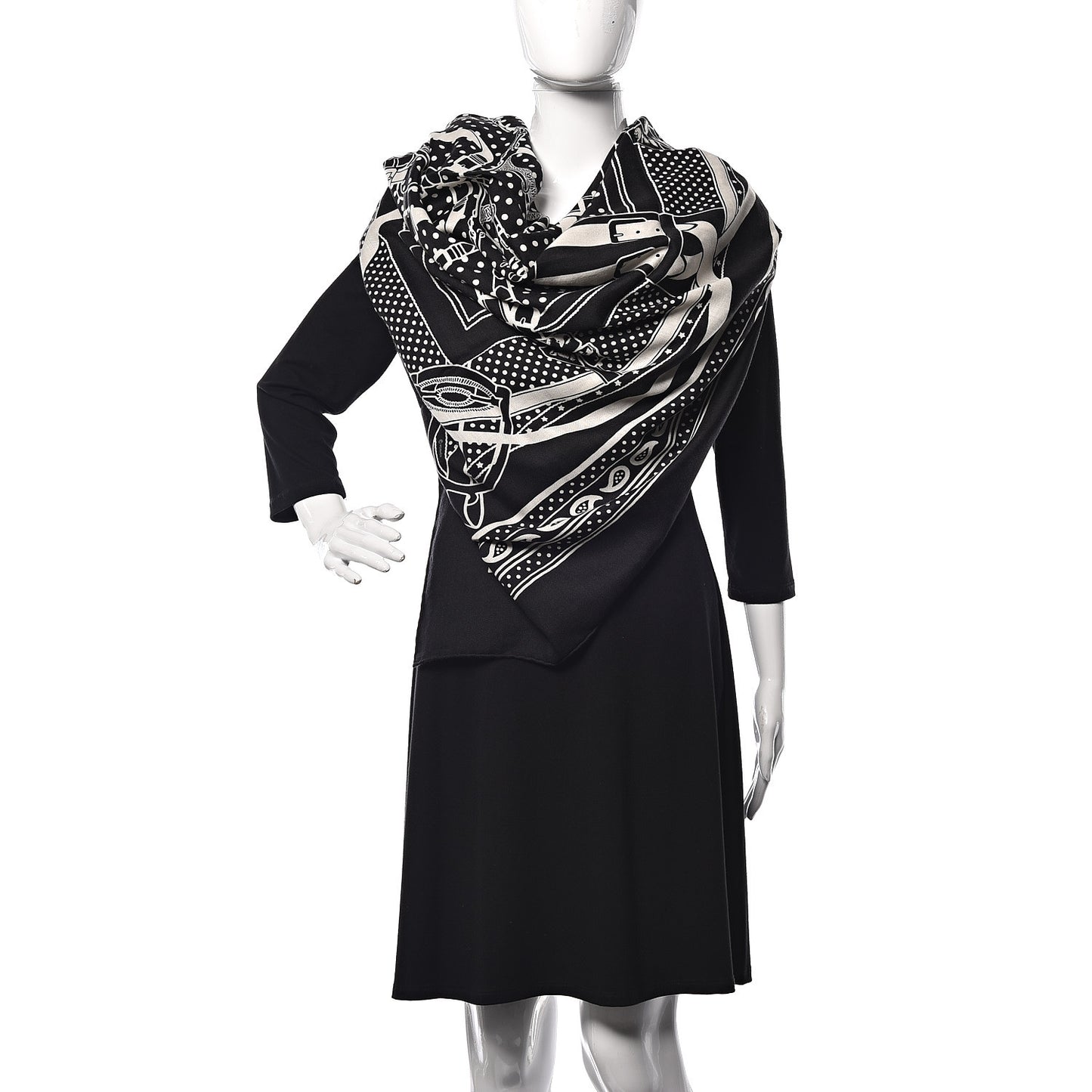 Silk Cashmere Grand Manege Bandana Shawl 140 Black White