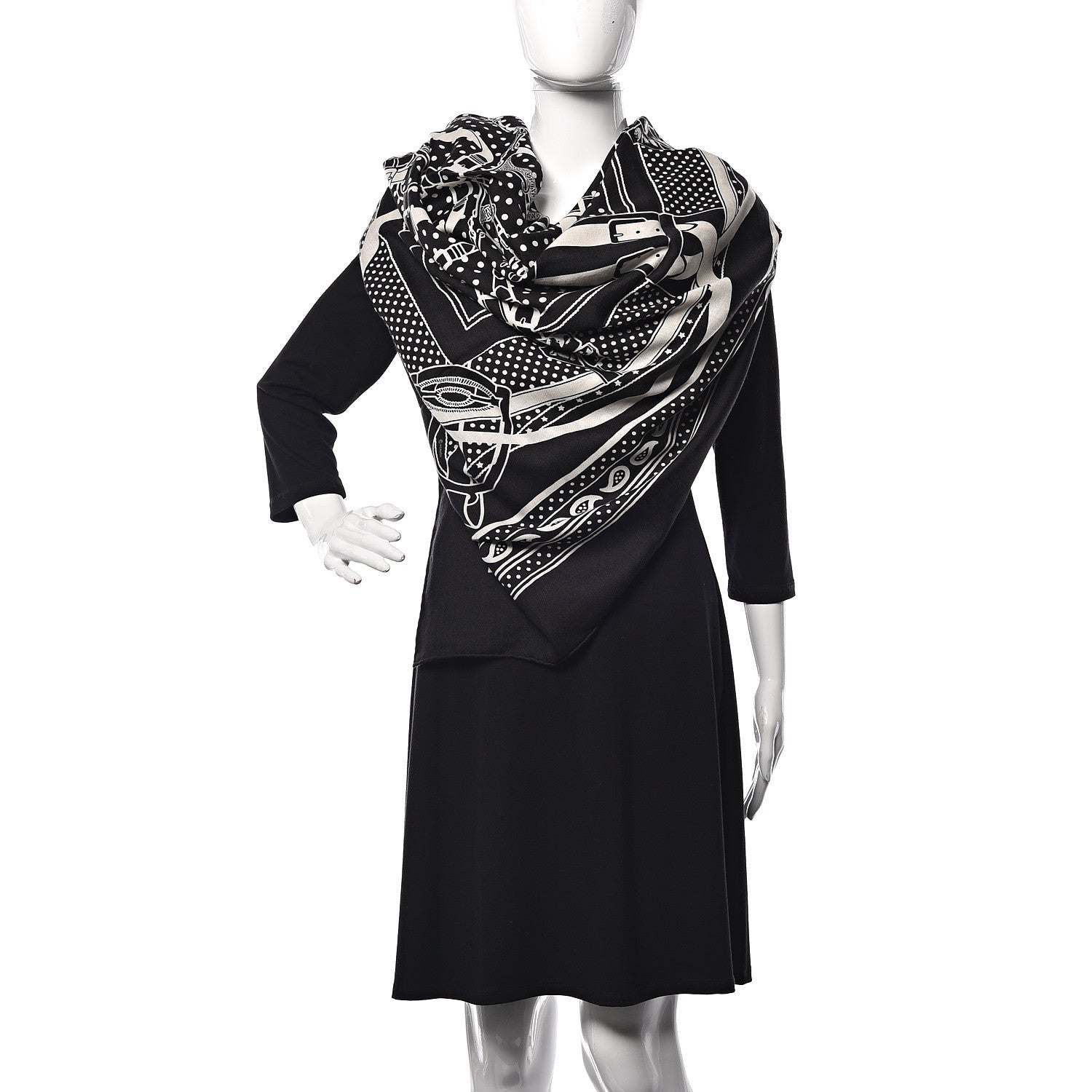 Hermes Silk Cashmere Grand Manege Bandana Shawl 140 Black White 2 of 7
