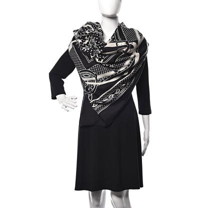 Hermes Silk Cashmere Grand Manege Bandana Shawl 140 Black White 2 of 7
