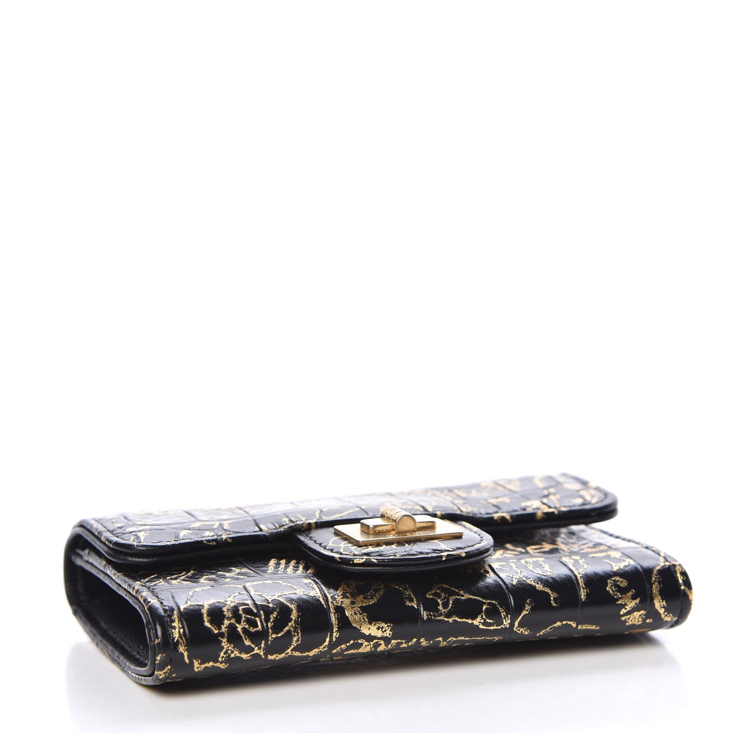 Chanel Calfskin Crocodile Embossed Graffiti Reissue Card Holder Wallet Black Gold 4 of 9