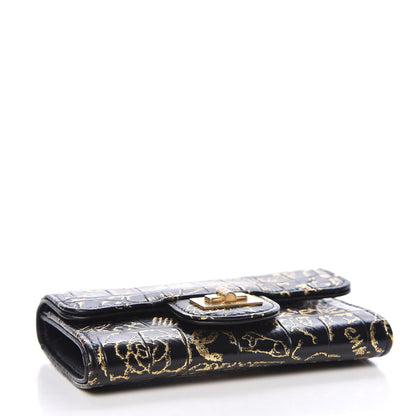 Chanel Calfskin Crocodile Embossed Graffiti Reissue Card Holder Wallet Black Gold 4 of 9
