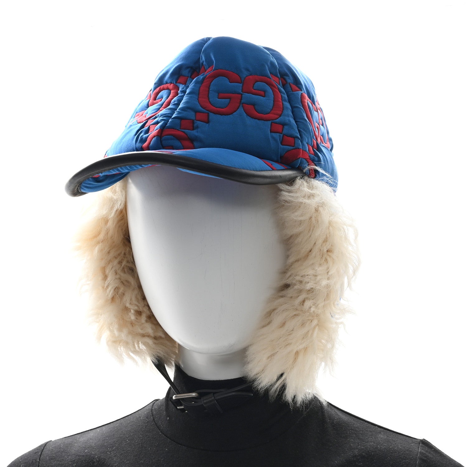Gucci Nylon Shearling Padded GG Print Cap Hat S Blue Red 1740585