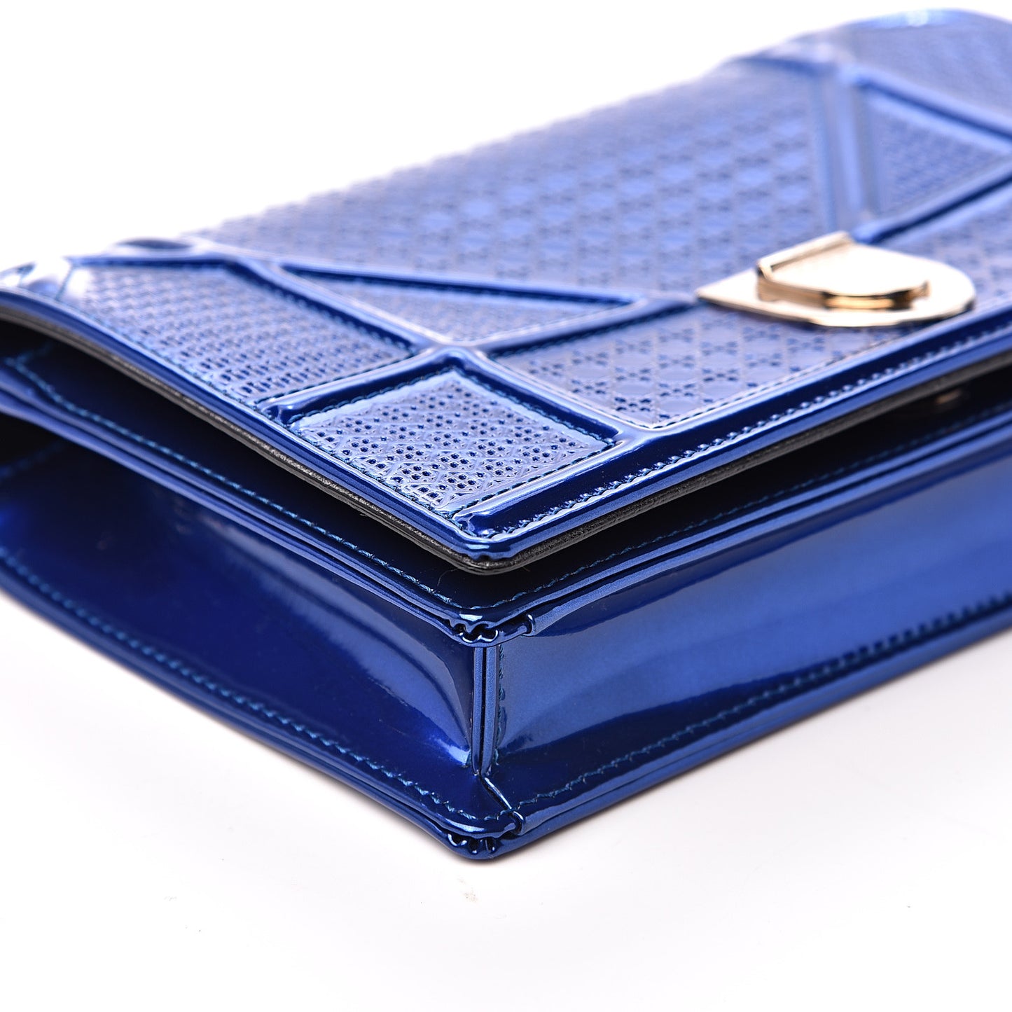 Metallic Patent Micro-Cannage Diorama Wallet on Chain Pouch Mirror Blue
