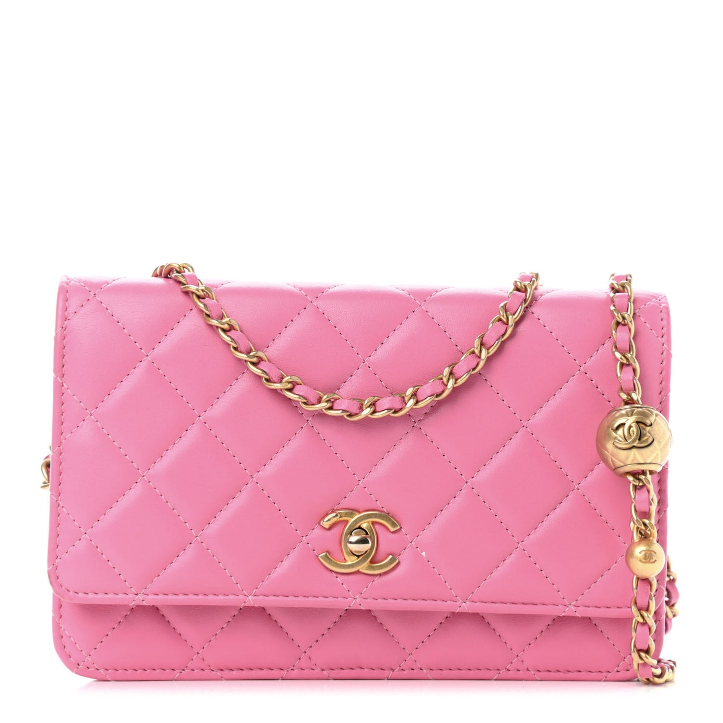Lambskin Quilted CC Pearl Crush Wallet on Chain WOC Pink