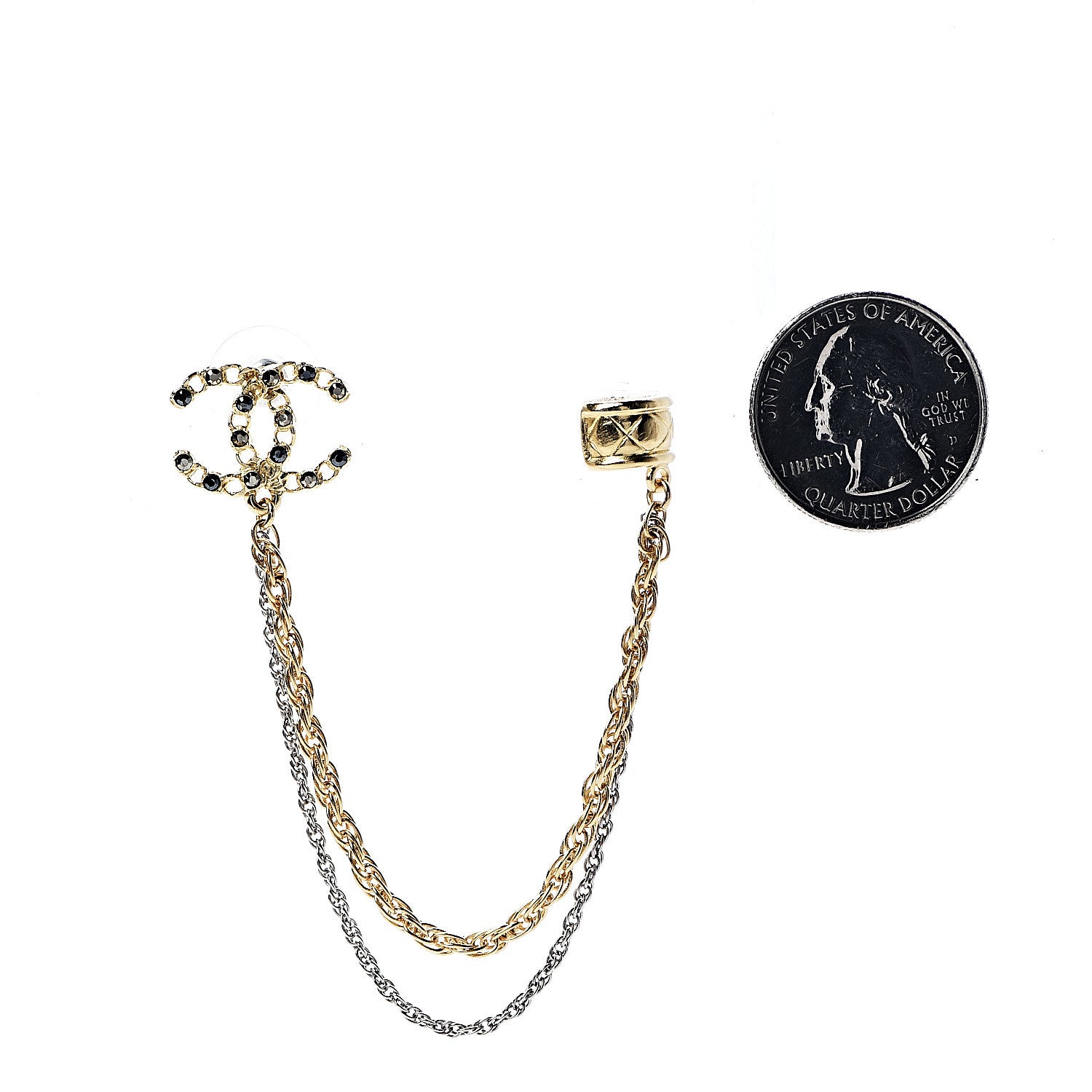Chanel Crystal CC Chain Cuff Single Earring Gold Silver 2 of 5