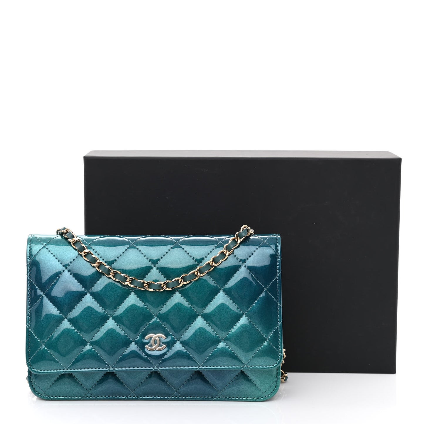 Shaded Patent Calfskin Quilted Wallet On Chain WOC Green Blue