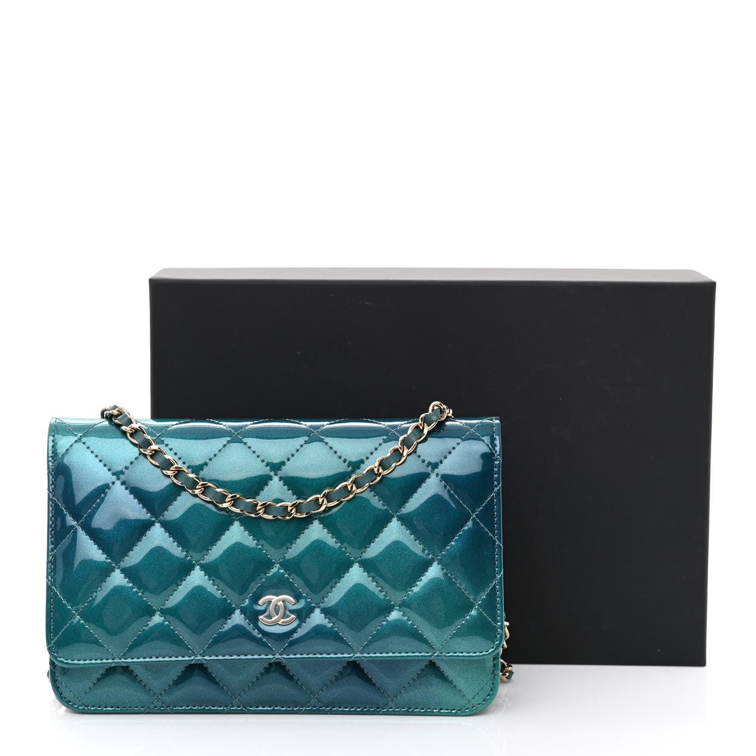 Chanel Shaded Patent Calfskin Quilted Wallet On Chain WOC Green Blue 12 of 12