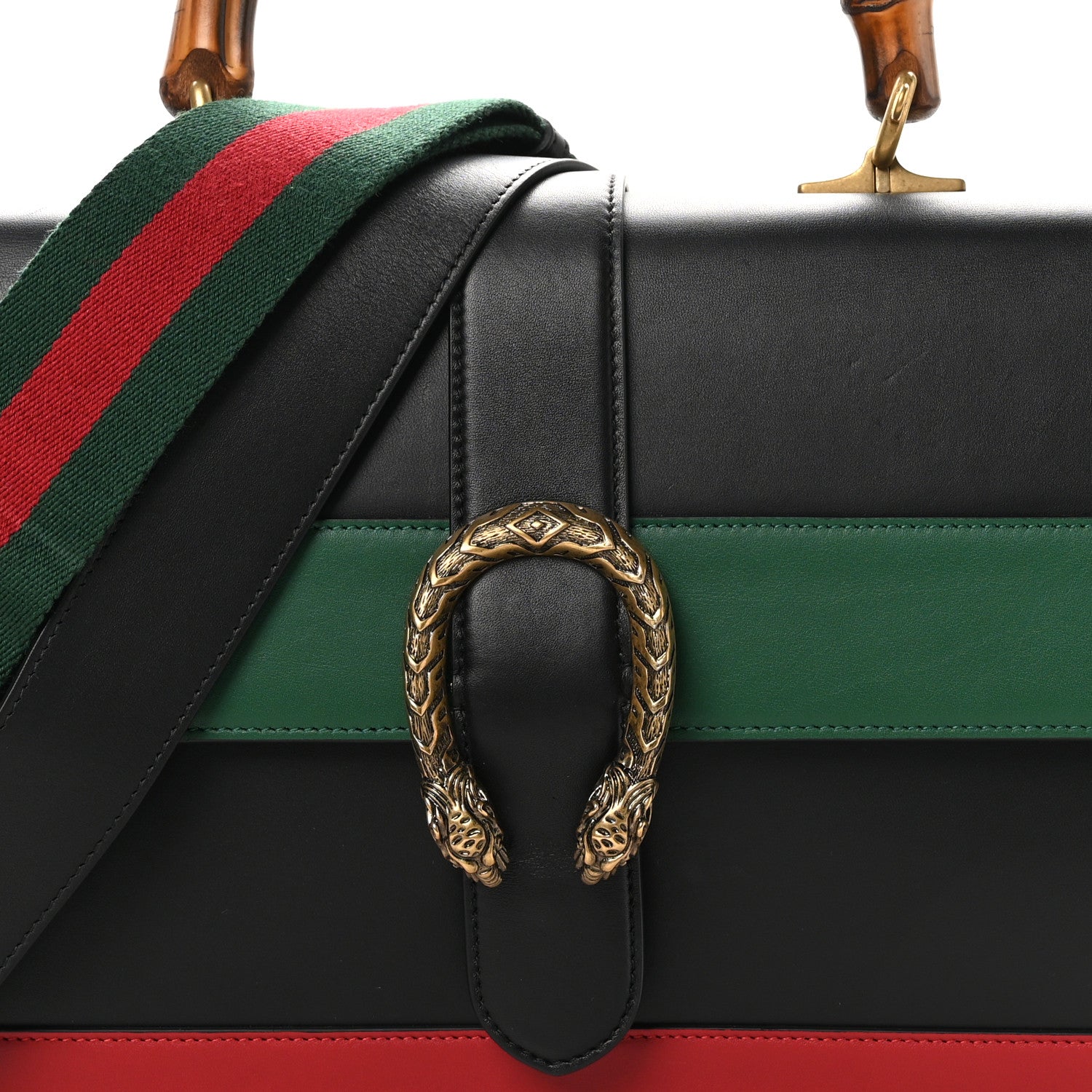 Gucci Calfskin Bamboo Web Large Dionysus Top Handle Bag Black Bright Evergreen Hibiscus Red 9 of 11