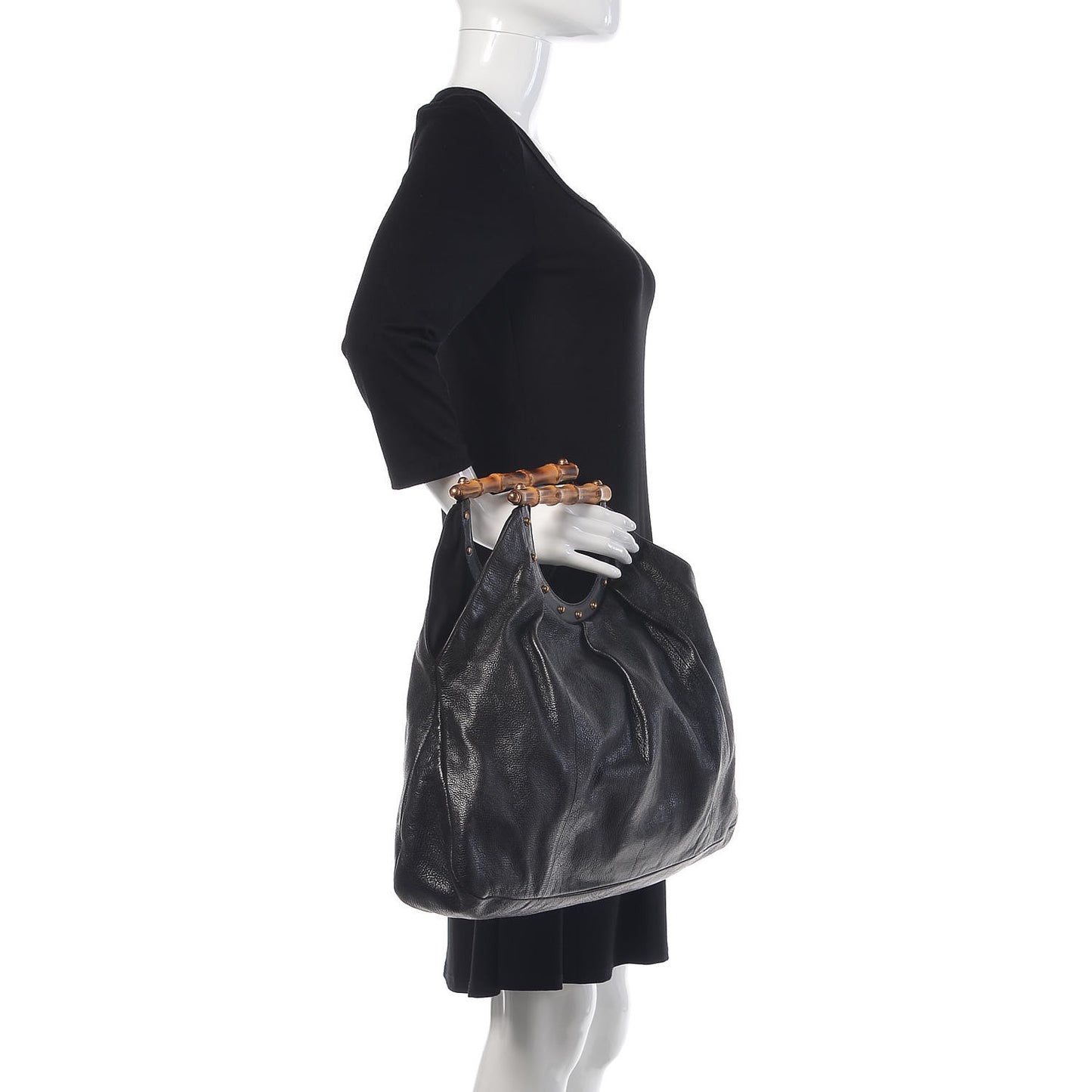 Calfskin Studded Large Bamboo Handle Tote Black